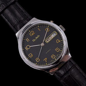 Vintage Soviet dress watch SLAVA 26 jewels day/date indicator black dial