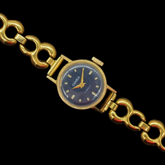 Vintage Soviet womens mechanical mini watch Chaika, gold plated, blue dial