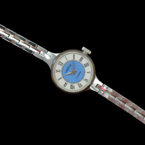 Vintage Soviet womens mechanical mini watch bracelet Chaika, cocktail wristwatch, blue dial, roman numerals