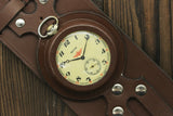 VTG Molnija 3602 Train Pocket Watch + WWI Style New Biker Leather WRISTBAND WWII